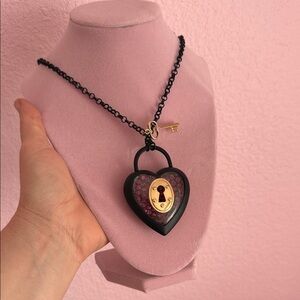 LONG Black Heart Lock Pendant Necklace with Gold Key Accent